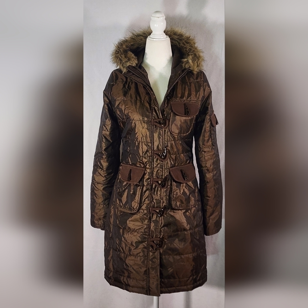 Tulle Anthropologie Brown Button Front Furry Hood Women's Puffer Coat Parka Smal